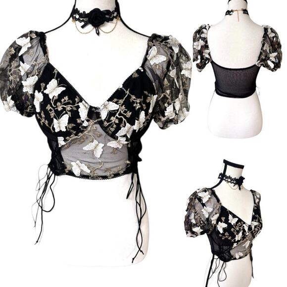 Y2K BUTTERFLY FAIRY BRONZE LACE RHINESTONE GLAM DRESS TOP 4 PC. BUNDLE S/M - Picture 5 of 7